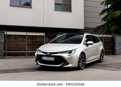 ZAGREB, CROATIA - MAY 12, 2019: New Toyota Corolla, 2019 Model In Urban Environment. Parked Car In Front Of The House.