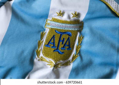 ZAGREB, CROATIA - MAY 14, 2017. - Argentine Football Association emblem on jersey.