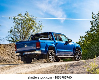 Zagreb, Croatia - May 17, 2017: Man Is Driving Voklswagen Amarok V6 TDI 4MOTION Pick Up Truck In A Quarry.