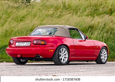 Zagreb, Croatia - May 20, 2019: Mazda MX-5 aka Miata stopped on the road. This iconic Japanese sports roadster became very popular in the eighties because it was affordable. 