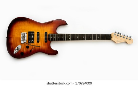 ZAGREB , CROATIA - MAY 27 ,2010 : fender stratocaster wooden electric guitar on white background , product shot