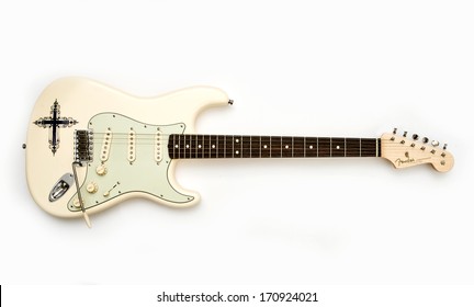 ZAGREB , CROATIA - MAY 27 ,2010 : fender stratocaster gothic electric guitar on white background , product shot