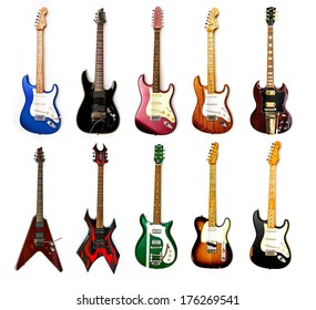 ZAGREB , CROATIA - MAY 27 ,2010 : collection of electric guitars on white background , product shot