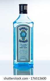 ZAGREB, CROATIA - MAY 31, 2013: Bottle of Bombay Sapphire Dry Gin on white background. It is one of the most popular premium reasonably priced gins on the market.