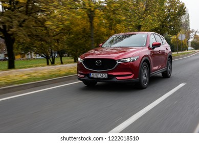 ZAGREB, CROATIA - NOVEMBER 04, 2018: New red Mazda CX-5 on the city streets. Brand new 2018 model.