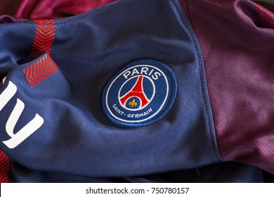 ZAGREB, CROATIA - NOVEMBER 08, 2017. - French football club Paris Saint-Germain emblem on jersey. 