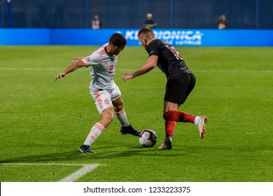 ZAGREB, CROATIA - NOVEMBER 15, 2018: UEFA Nations League Football Match Croatia Vs. Spain. In Action Ante Rebic (18) And Dani Ceballos (8)