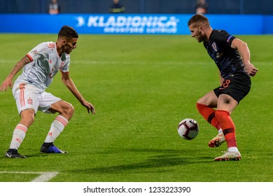 ZAGREB, CROATIA - NOVEMBER 15, 2018: UEFA Nations League Football Match Croatia Vs. Spain. In Action Ante Rebic (18) And Dani Ceballos (8)