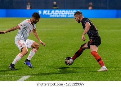 ZAGREB, CROATIA - NOVEMBER 15, 2018: UEFA Nations League Football Match Croatia Vs. Spain. In Action Ante Rebic (18) And Dani Ceballos (8)