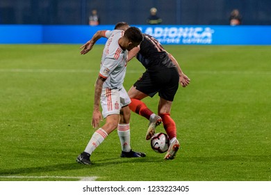 ZAGREB, CROATIA - NOVEMBER 15, 2018: UEFA Nations League Football Match Croatia Vs. Spain. In Action Ante Rebic (18) And Dani Ceballos (8)