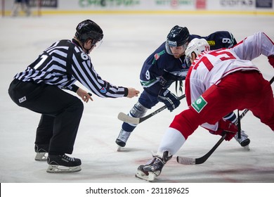 ZAGREB, CROATIA - NOVEMBER 16, 2014: KHL league - Medvescak Zagreb VS Vityaz Podolsk. THOMAS Bill (9) and YAKUBOV Mikhail (75) during face-off.