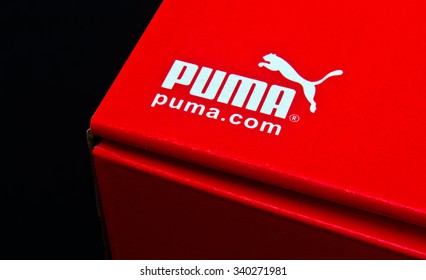 ZAGREB , CROATIA - NOVEMBER 17, 2015 :  Puma Sport Manufacturer Logo On The Edge Of The Red Box, Product Shot