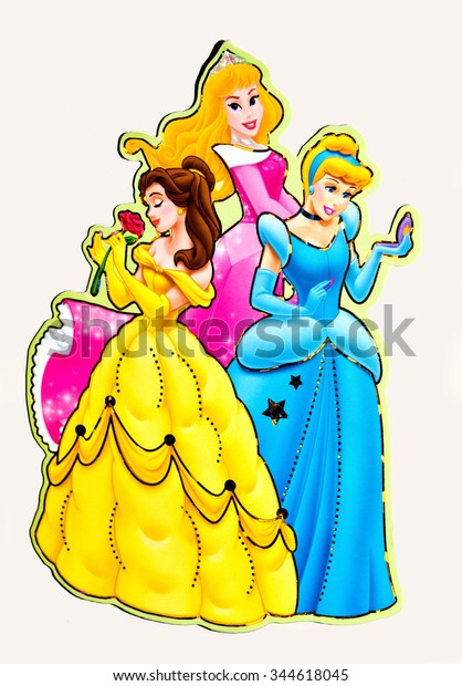 ZAGREB , CROATIA - NOVEMBER 24, 2015 : Disney princess , Cinderella, Belle and Aurora cartoon characters from books and movies on magnetic sticker, product shot