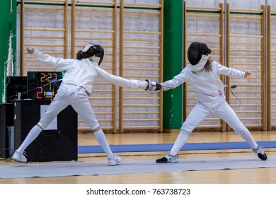 ZAGREB, CROATIA - NOVEMBER 25, 2017: Swordplay tournament The Trophy of Mladost Zagreb. Fencers in action