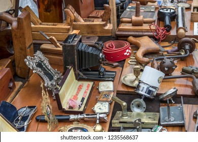 Zagreb, Croatia, November 4, 2018: Antiquities displayed on one of the stands at the British Square Flea Market - Shutterstock ID 1235568637