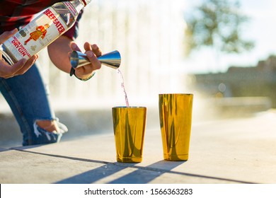 ZAGREB, CROATIA - OCT, 8: Making Cocktail Of Old British Beefeater Dry Gin In The Old Bottle, Pouring Gin