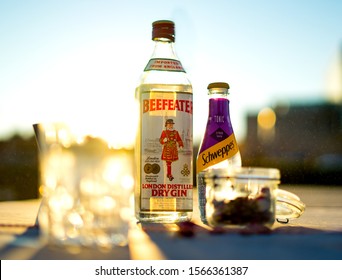 ZAGREB, CROATIA - OCT, 8: Old British Beefeater Dry Gin Bottle In The Old Bottle 