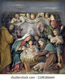 ZAGREB, CROATIA - OCTOBER 02: Birth of Jesus, Adoration of the Shepherds, relief in the church of Saint Martin in Zagreb, Croatia, on October 02, 2017.