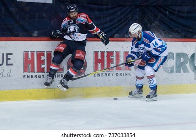 ZAGREB, CROATIA - OCTOBER 10, 2017: EBEL Ice Hockey League Match Between Medvescak Zagreb And VSV Villach. Kyle BEACH (14)  Performed The Body Check On Medvescak Player