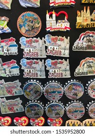 ZAGREB, CROATIA - OCTOBER 19, 2019. - Magnets as souvenirs in shop in Zagreb, Croatia. 