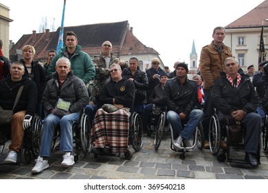 ZAGREB, CROATIA - OCTOBER 30, 2014: Croatian Independence War Veterans Protesters Demanding That The Government Make Legal Changes For Improved Benefits. 