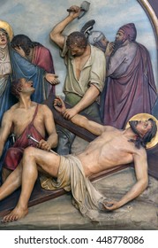 ZAGREB, CROATIA - SEPTEMBER 14: 11th Stations of the Cross, Crucifixion, Basilica of the Sacred Heart of Jesus in Zagreb, Croatia on September 14, 2015
