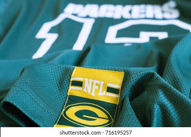 ZAGREB, CROATIA - SEPTEMBER 14, 2017. - Aaron Charles Rodgers American Football Quarterback For The NFL Team Green Bay Packers Jersey. 