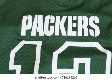 ZAGREB, CROATIA - SEPTEMBER 14, 2017. - Aaron Charles Rodgers American Football Quarterback For The NFL Team Green Bay Packers Jersey. 