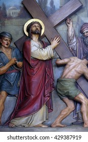 ZAGREB, CROATIA - SEPTEMBER 14: 2nd Stations of the Cross, Jesus is given his cross, Basilica of the Sacred Heart of Jesus in Zagreb, Croatia on September 14, 2015
