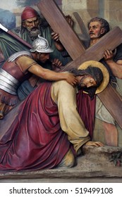 ZAGREB, CROATIA - SEPTEMBER 14: 3rd Stations of the Cross, Jesus falls the first time, Basilica of the Sacred Heart of Jesus in Zagreb, Croatia on September 14, 2015