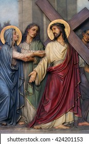 ZAGREB, CROATIA - SEPTEMBER 14: 4th Stations of the Cross, Jesus meets His Mother, Basilica of the Sacred Heart of Jesus in Zagreb, Croatia on September 14, 2015