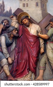 ZAGREB, CROATIA - SEPTEMBER 14: 5th Stations of the Cross, Simon of Cyrene carries the cross, Basilica of the Sacred Heart of Jesus in Zagreb, Croatia on September 14, 2015