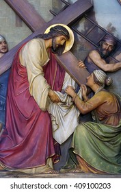 ZAGREB, CROATIA - SEPTEMBER 14: 6th Stations of the Cross, Veronica wipes the face of Jesus, Basilica of the Sacred Heart of Jesus in Zagreb, Croatia on September 14, 2015