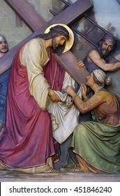 ZAGREB, CROATIA - SEPTEMBER 14: 6th Stations of the Cross, Veronica wipes the face of Jesus, Basilica of the Sacred Heart of Jesus in Zagreb, Croatia on September 14, 2015