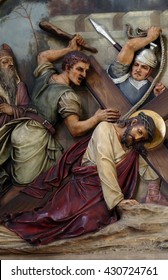 ZAGREB, CROATIA - SEPTEMBER 14: 7th Stations of the Cross, Jesus falls the second time, Basilica of the Sacred Heart of Jesus in Zagreb, Croatia on September 14, 2015