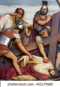 ZAGREB, CROATIA - SEPTEMBER 14: 9th Stations of the Cross, Jesus falls the third time, Basilica of the Sacred Heart of Jesus in Zagreb, Croatia on September 14, 2015