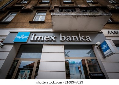 ZAGREB, CROATIA - SEPTEMBER 19: 2021: Imex Banka logo on their Zagreb office. Imex banka is a Croatian retail and commercial bank from Split.