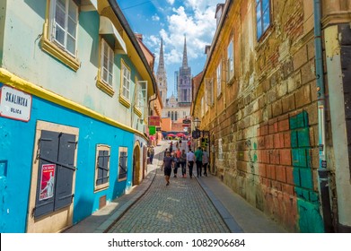 Zagreb, Croatia-May 3, 2018: Famous Skalinska Street In Zagreb. Street Is Full Of Local Food Restaurants, Must Visit Place For Tourists