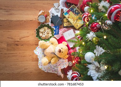 ZAGREB,CROATIA- DECEMBER 26,2017: Top View Of Unwrapped Christmas Gifts Under A Decorated Christmas Tree, Vintage Tone, After Christmas Or Holidays Concept. Illustrative Editorial. 