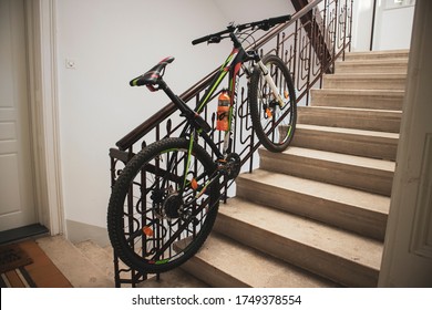 Zagreb/Croatia-June 2nd, 2020: Bicycle Tied To The Fence On Staircase, Problematic Situation For Many Citizens As Climbing Stairs For Older People Gets Even More Harder And Complicated