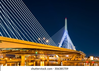 Zakim Bunker Hill bridge in Boston, MA by night