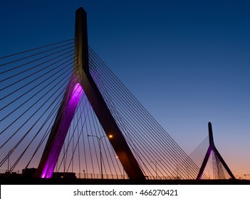 Zakim Bunker Hill Memorial Bridge at night in Boston, Massachusetts, USA