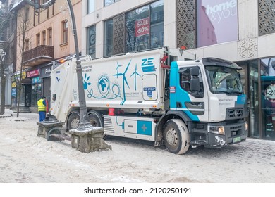 Zakopane, Poland - December 29, 2021: Renault Electric Garbage Truck In Zakopane. Electric Vehicle Used For Waste Collection.