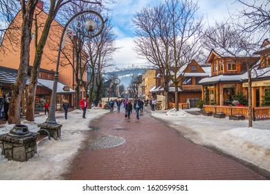 Zakopane, Poland - January 10, 2019: People Walking At Krupowki Street In Zakopane, Poland.