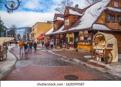 Zakopane, Poland - January 10, 2019: People Walking At Krupowki Street In Zakopane, Poland.