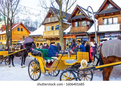 Zakopane, Poland - January 2, 2019: People Walking At Krupowki Street In Zakopane, Poland.