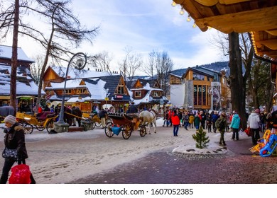 Zakopane, Poland - January 2, 2019: People Walking At Krupowki Street In Zakopane, Poland.