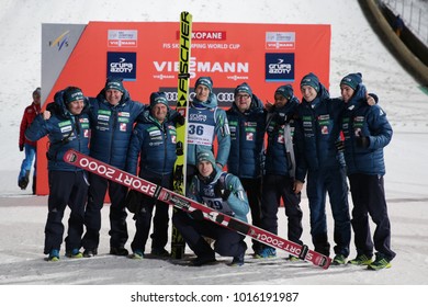 ZAKOPANE, POLAND - JANUARY 28, 2018: FIS Ski Jumping World Cup In Zakopane O/p Goran Janus, Peter Prevc, Anze Semenic