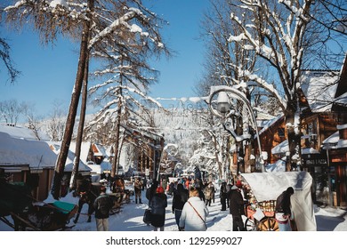 Zakopane, Poland January 5th 2019. People Walking And Shopping On Street In Zakopane, Poland. 