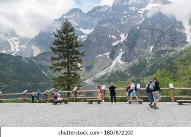 Zakopane, Poland - June 13, 2020: People Near Morskie Oko Lake In Tatra National Park.